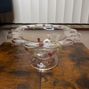 Indiana Glass Company Vintage Clear Glass Compote Bowl with Red and Yellow Dots